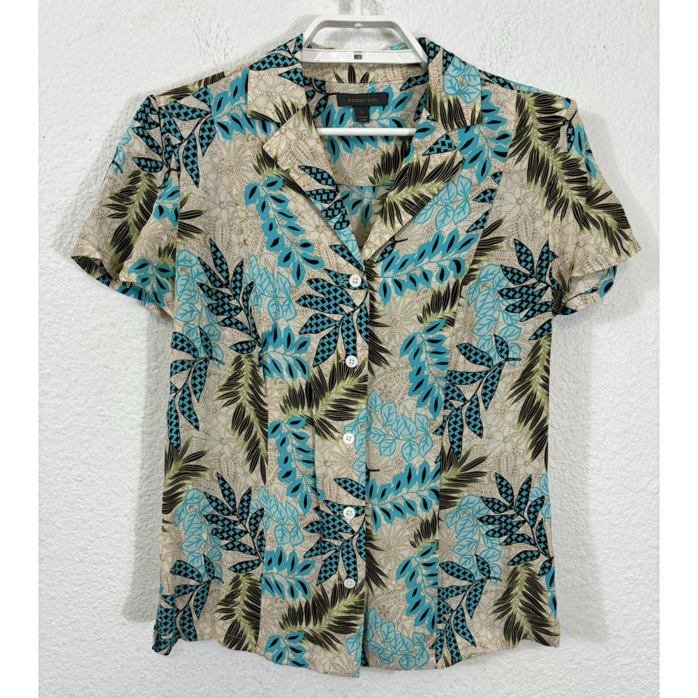 Amber Sun Hawaiian Shirt Size S Beige Floral Silk Short Sleeve Button Up